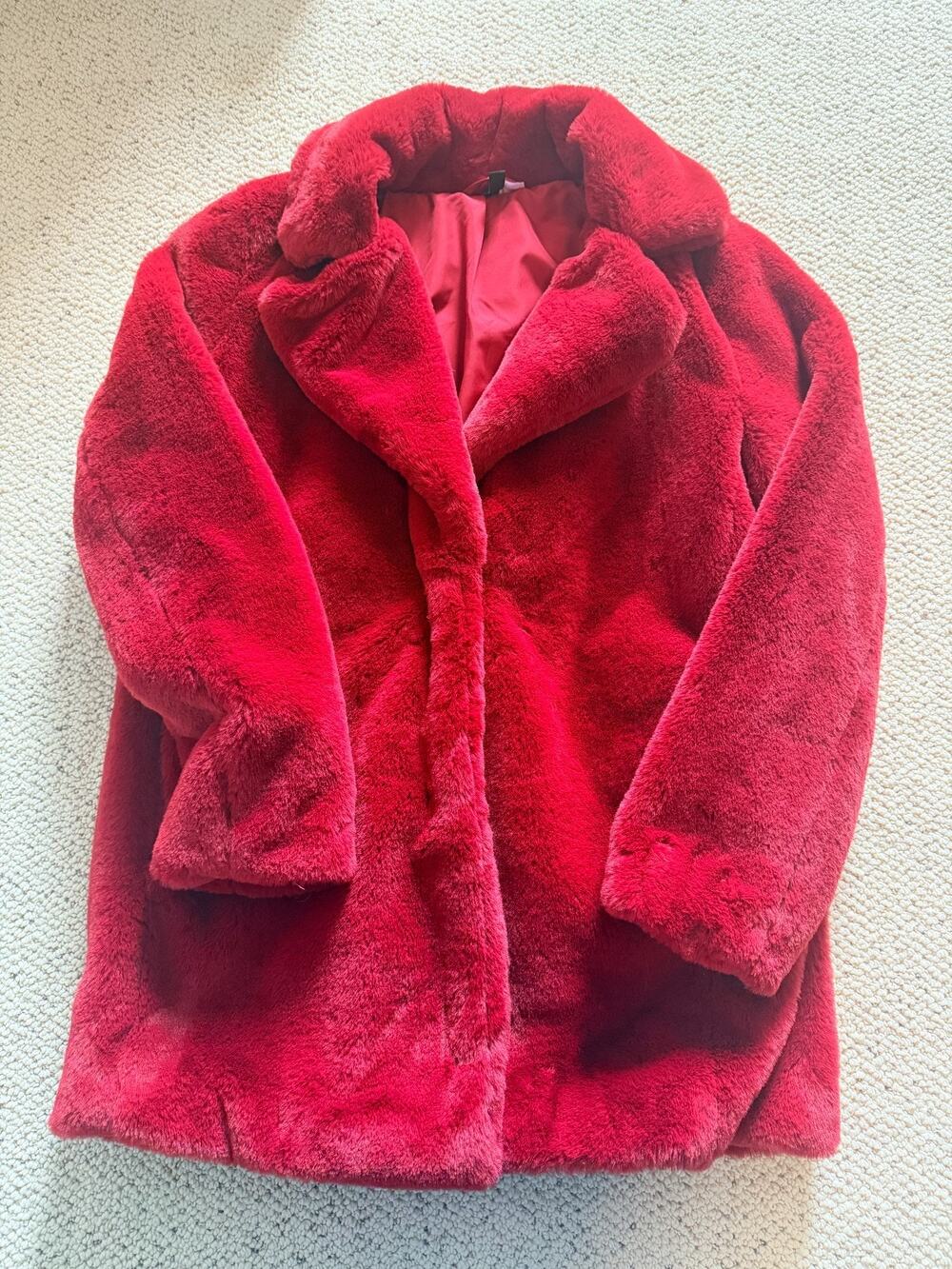 Divided H&M Faux Fur Coat Red Snap Notch Collar Women's Small